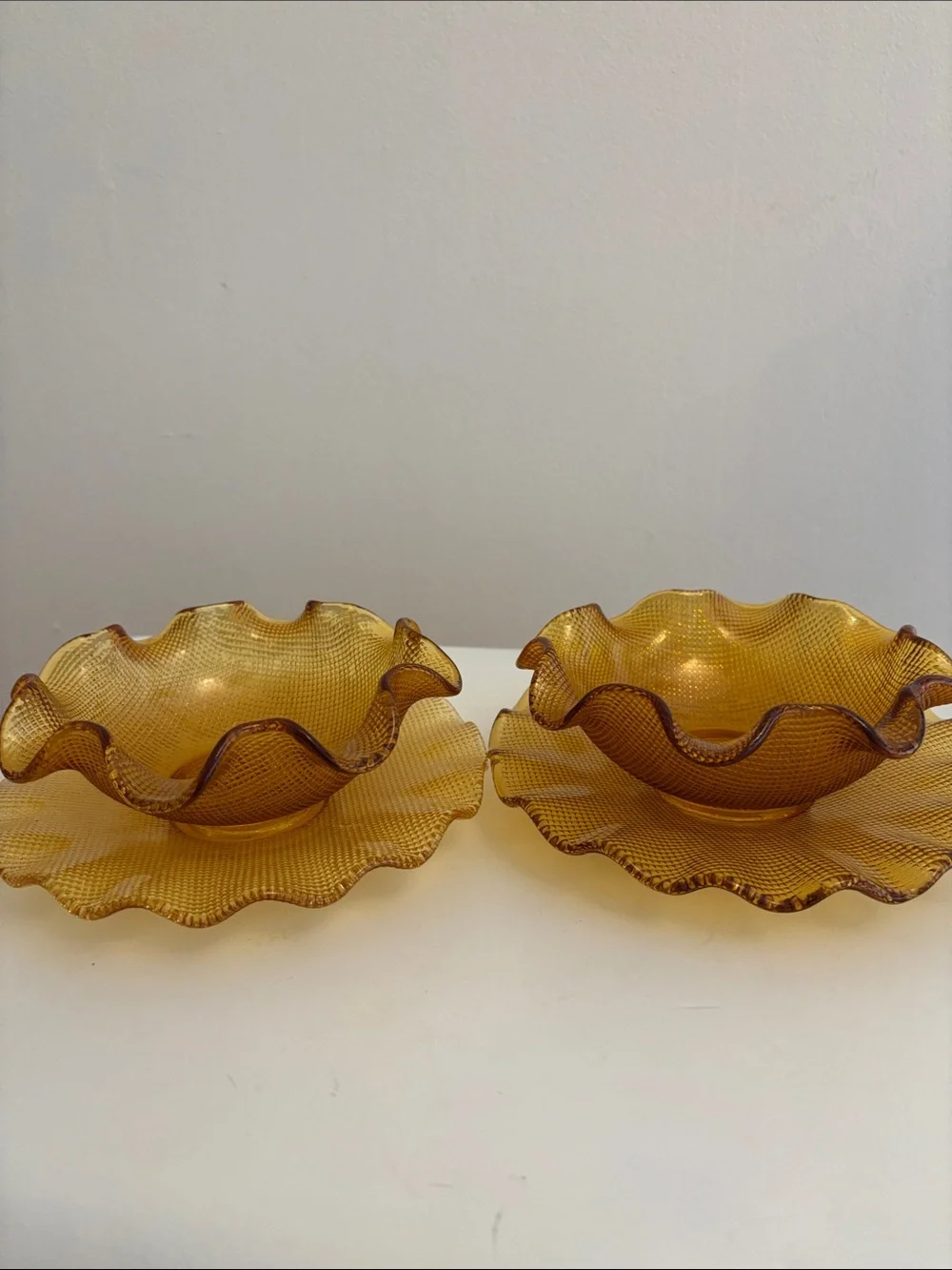 Vintage Colony Amber Waffle Ruffled Glass Dessert Bowl & Plate Sets | Set of 2